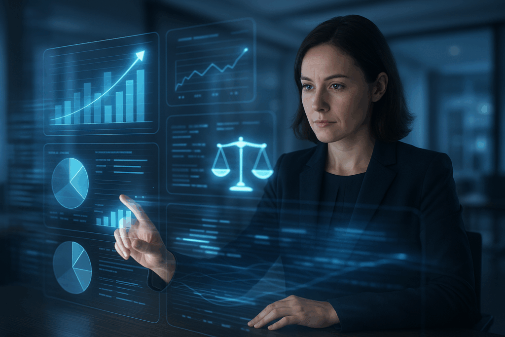 Business analyst reviewing law firm metrics and charts to inform strategy