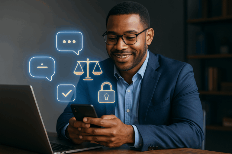 Attorney using secure client portal on tablet with legal scale icons