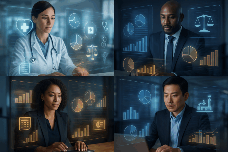 Business professionals and a doctor using AI-powered data visualization dashboards for decision-making across healthcare, legal, and corporate industries.